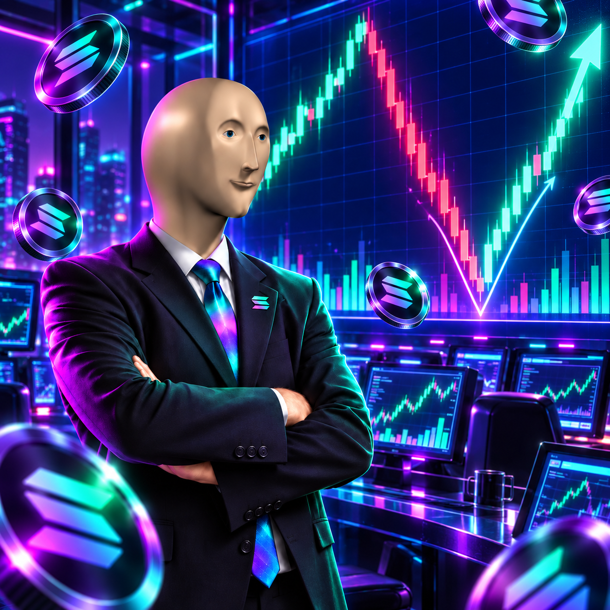 Solstonks character beside a neon V-shaped market recovery