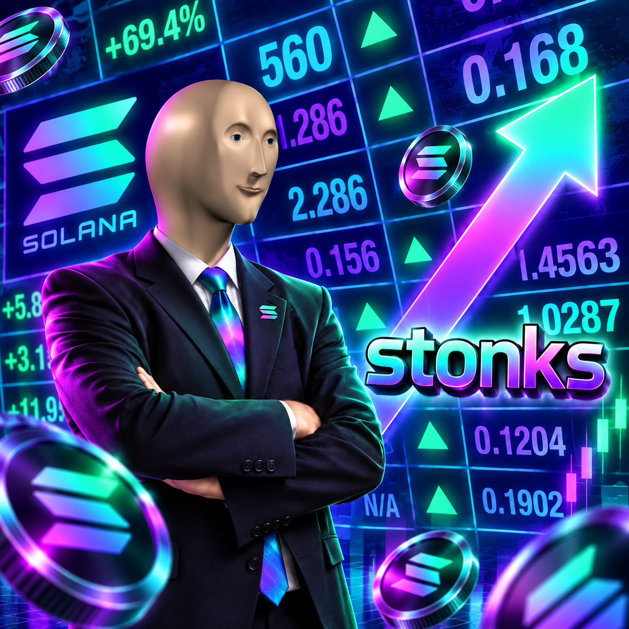 Solstonks character in a neon Solana market